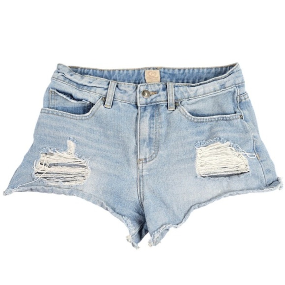 Ripcurl Denim Shorts Womens 7 Distressed Light Wash Raw Hem Cheeky Festival Surf